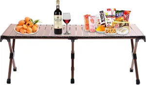 Aluminum Folding Camping Table，Portable Roll-Up Picnic Table 4-6 Person，Outdoor/Indoor Picnic, BBQ and Hiking with Carry Bag，Multi-Purpose for Home Backyard Patio Party,Wood Grain