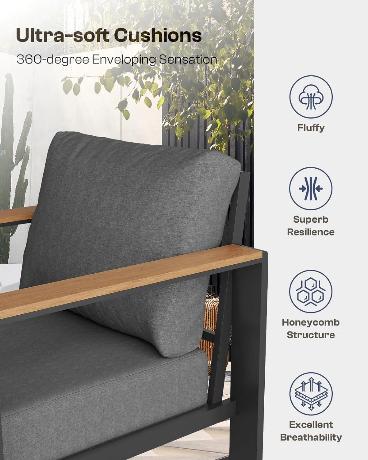 Aluminum Outdoor Patio Furniture Set with Coffee Table, 5 Piece Patio Conversation Sets with Washable Thick Cushions, Patio Sectional Furniture Set for Porch, Balcony, Deck, Yard, Graphite