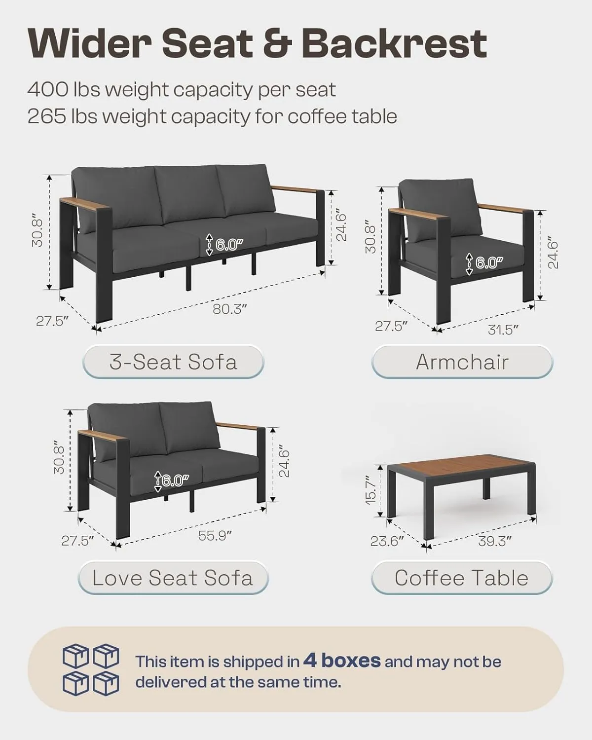 Aluminum Outdoor Patio Furniture Set with Coffee Table, 5 Piece Patio Conversation Sets with Washable Thick Cushions, Patio Sectional Furniture Set for Porch, Balcony, Deck, Yard, Graphite