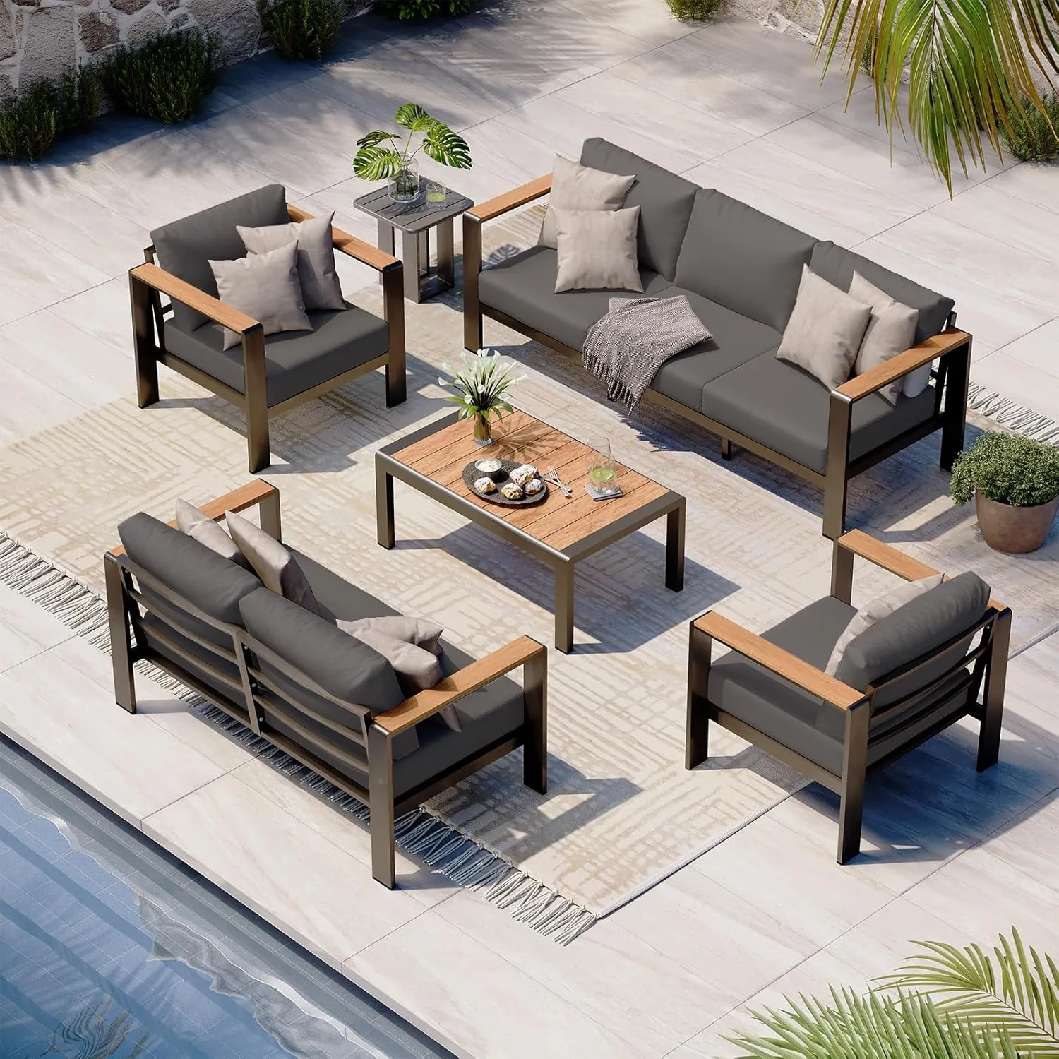 Aluminum Outdoor Patio Furniture Set with Coffee Table, 5 Piece Patio Conversation Sets with Washable Thick Cushions, Patio Sectional Furniture Set for Porch, Balcony, Deck, Yard, Graphite