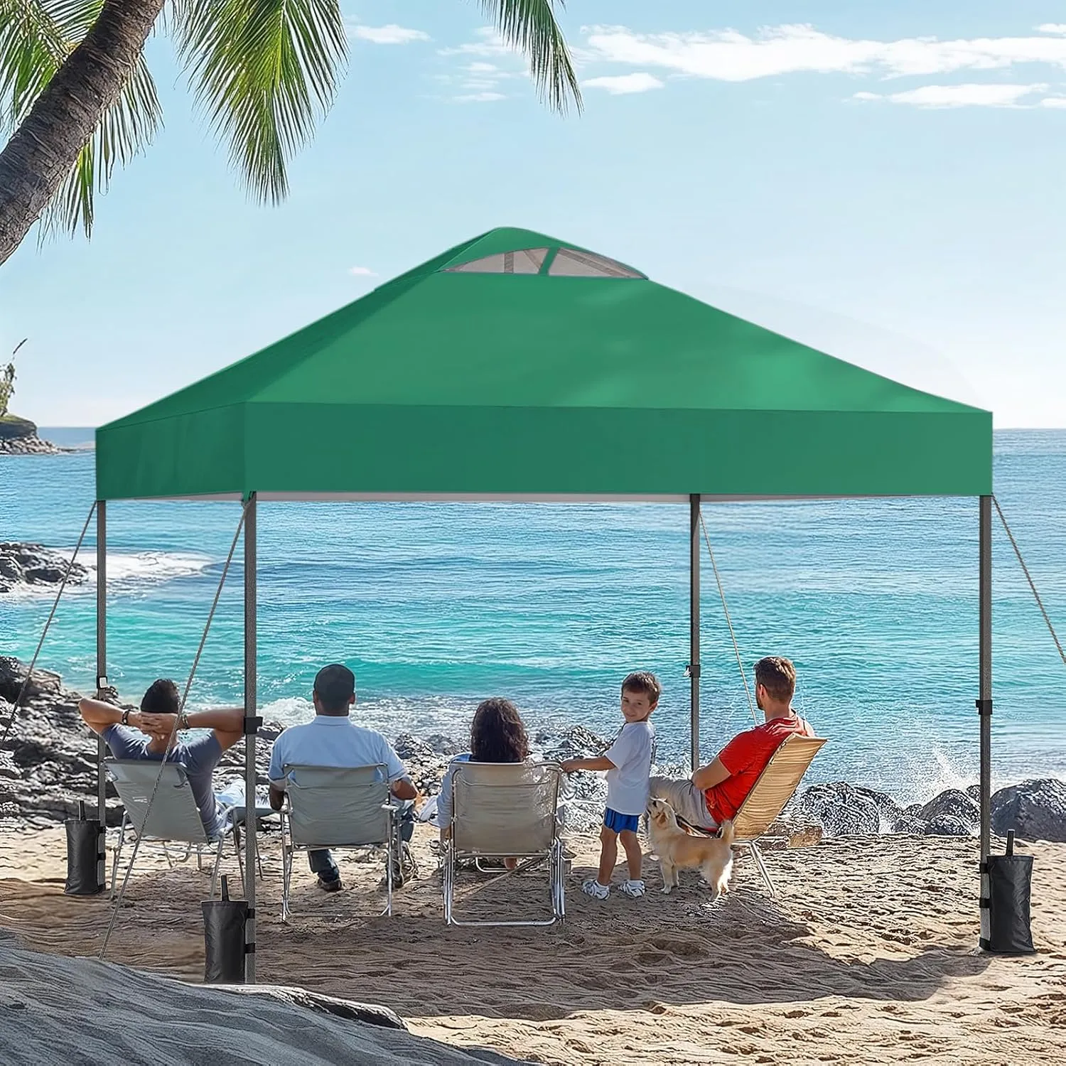 Amada 10x10 Pop Up Canopy, Beach Tent with One Push Setup - Easy Outdoor Sun Shade for Events, Parties, Camping, Gazebo with Wheel Cover Bag, 3-Speed Adjustable Height, Green