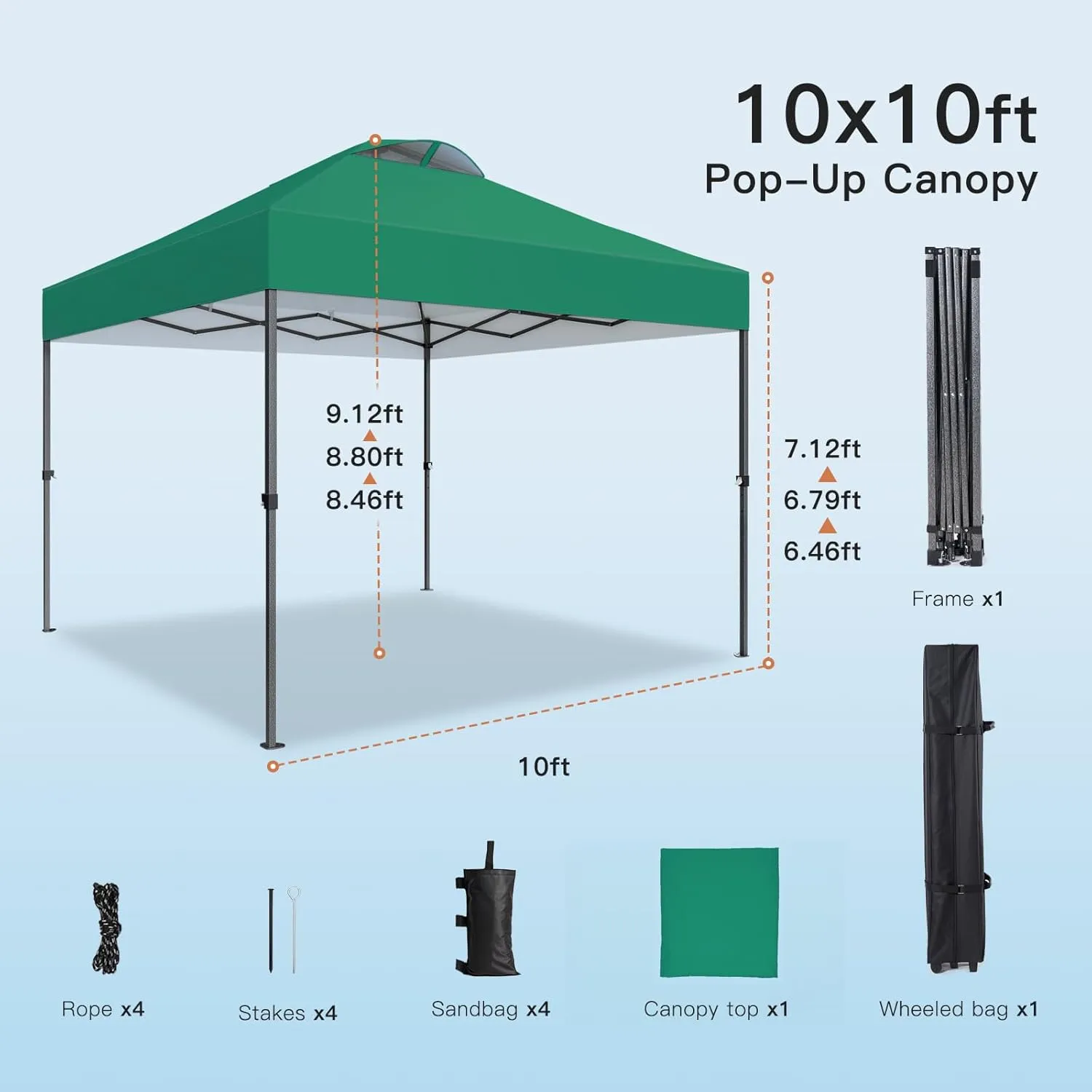 Amada 10x10 Pop Up Canopy, Beach Tent with One Push Setup - Easy Outdoor Sun Shade for Events, Parties, Camping, Gazebo with Wheel Cover Bag, 3-Speed Adjustable Height, Green