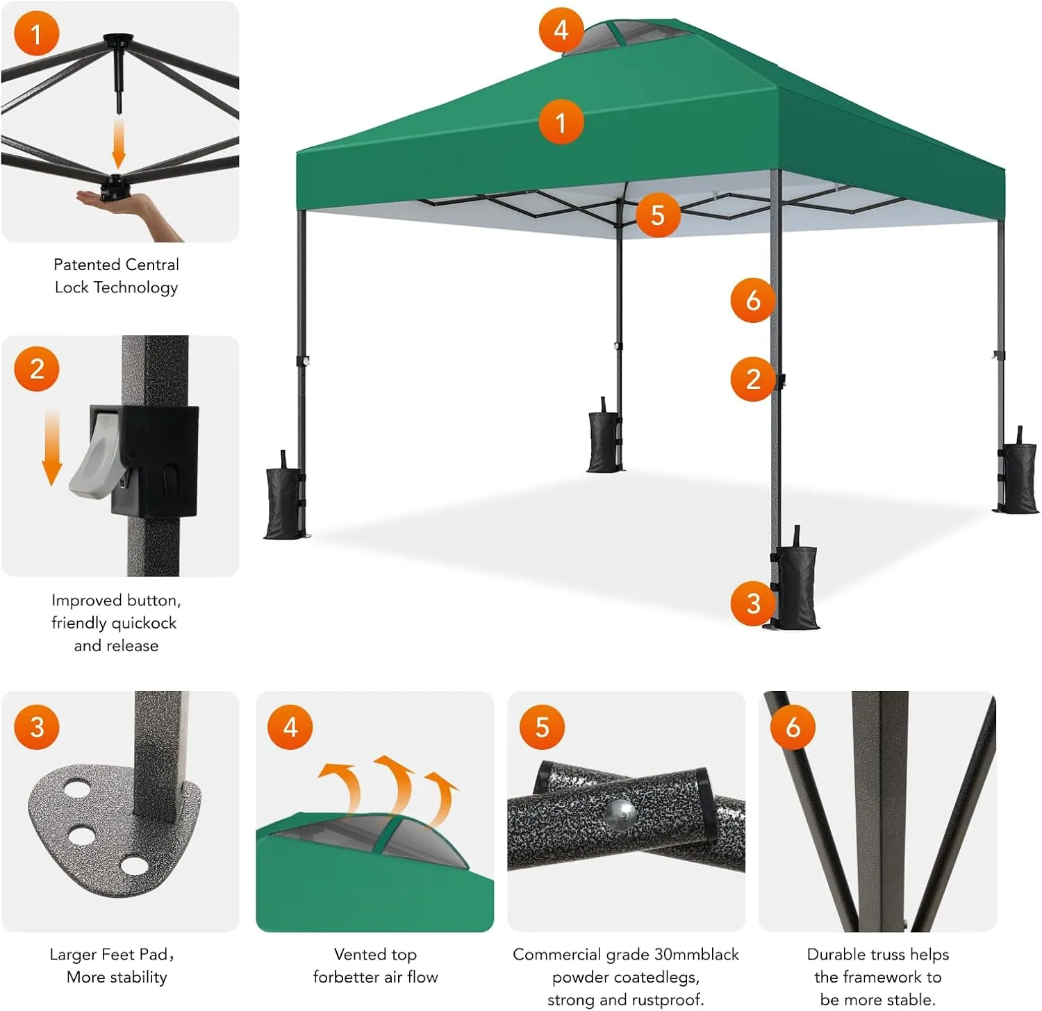 Amada 10x10 Pop Up Canopy, Beach Tent with One Push Setup - Easy Outdoor Sun Shade for Events, Parties, Camping, Gazebo with Wheel Cover Bag, 3-Speed Adjustable Height, Green