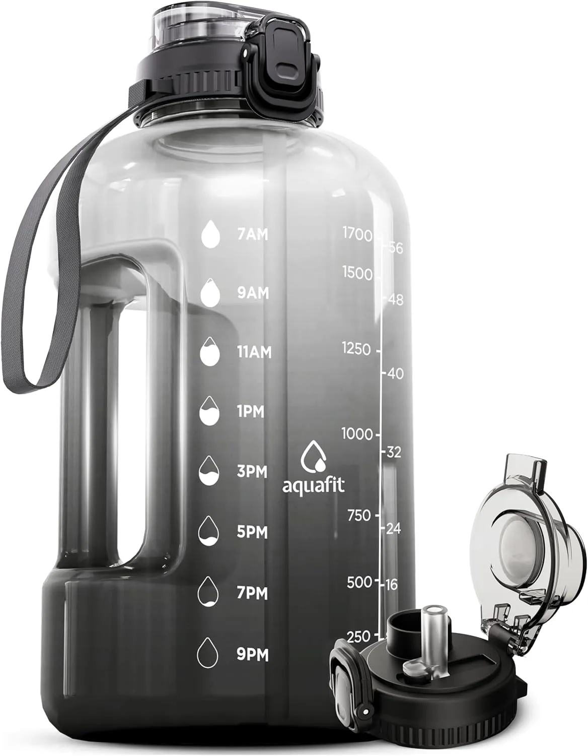 AQUAFIT 64 oz Water Bottle with Time Marker - Straw & Chug Lid - BPA Free Big Water Bottle with Straw - Gym Water Bottle with Handle - Gallon Water Jug (64 Ounces, Midnight Gray)