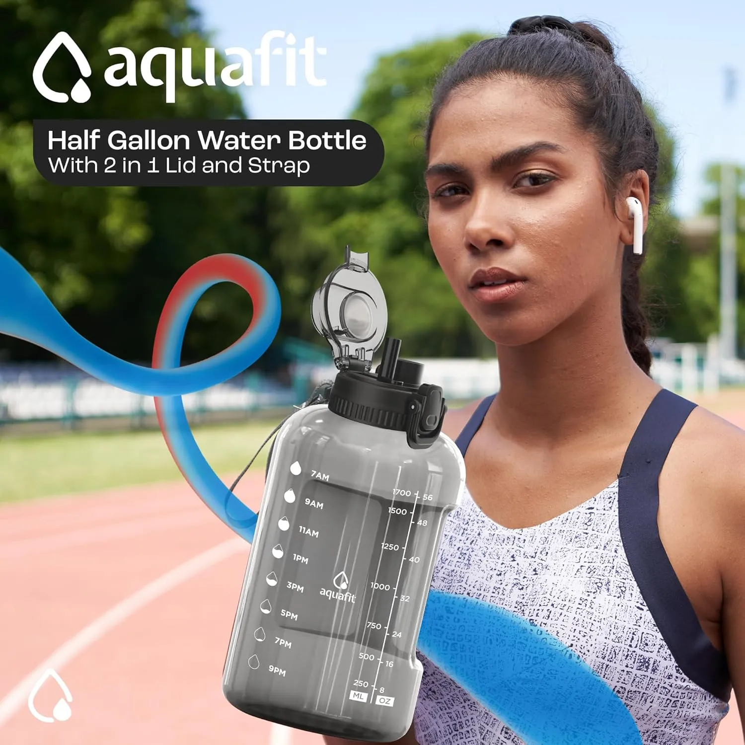 AQUAFIT 64 oz Water Bottle with Time Marker - Straw & Chug Lid - BPA Free Big Water Bottle with Straw - Gym Water Bottle with Handle - Gallon Water Jug (64 Ounces, Midnight Gray)