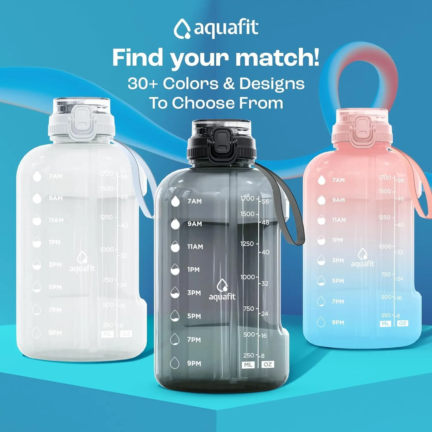 AQUAFIT 64 oz Water Bottle with Time Marker - Straw & Chug Lid - BPA Free Big Water Bottle with Straw - Gym Water Bottle with Handle - Gallon Water Jug (64 Ounces, Nebula)