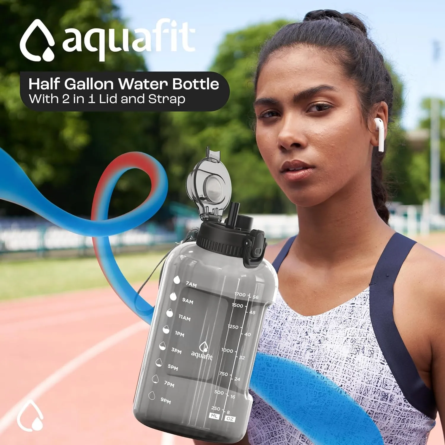 AQUAFIT 64 oz Water Bottle with Time Marker - Straw & Chug Lid - BPA Free Big Water Bottle with Straw - Gym Water Bottle with Handle - Gallon Water Jug (64 Ounces, Nebula)