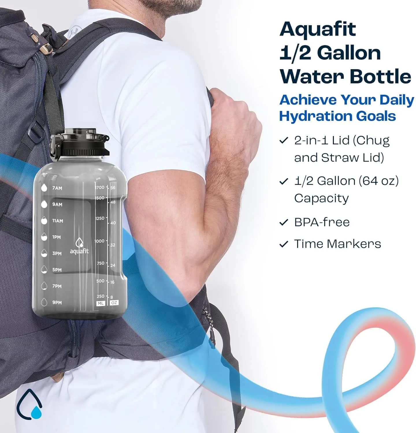 AQUAFIT 64 oz Water Bottle with Time Marker - Straw & Chug Lid - BPA Free Big Water Bottle with Straw - Gym Water Bottle with Handle - Gallon Water Jug (64 Ounces, Nebula)