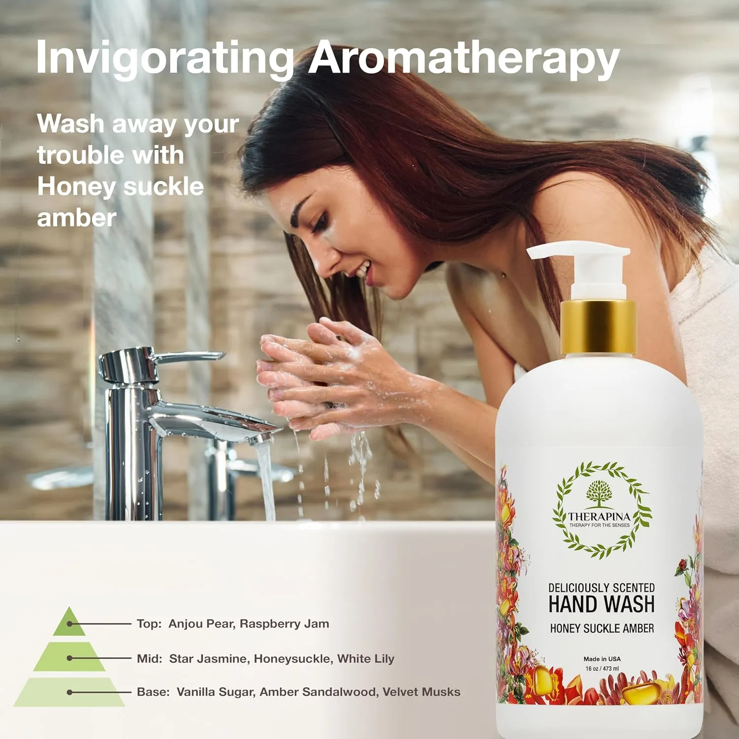 Aromatherapy Luxury Liquid Hand Soap – Vegan, Moisturizing Hand Wash with Aloe Vera, Botanical Oils, Honeysuckle Amber Scent – Fancy Liquid Hand Soap for Bathrooms, Kitchen, More, 16 Oz.