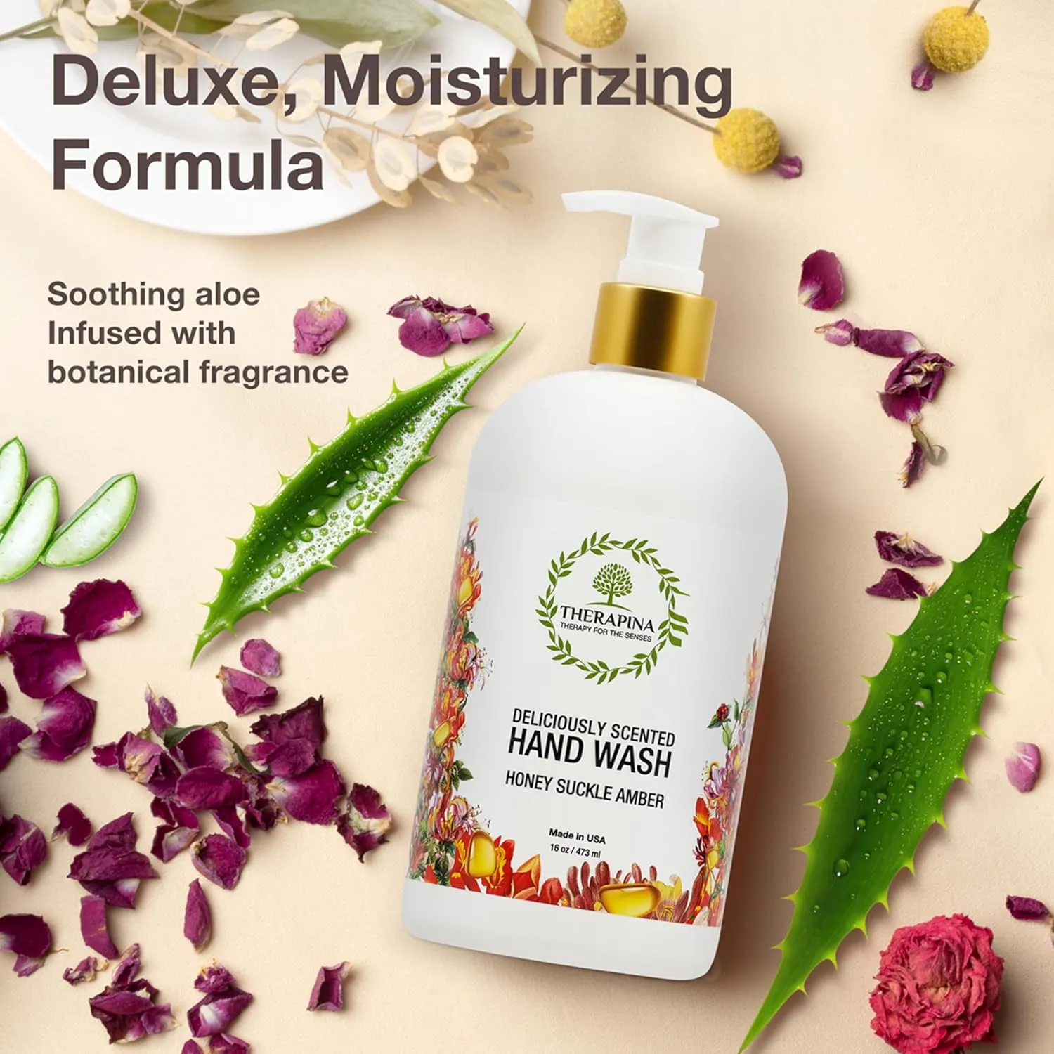 Aromatherapy Luxury Liquid Hand Soap – Vegan, Moisturizing Hand Wash with Aloe Vera, Botanical Oils, Honeysuckle Amber Scent – Fancy Liquid Hand Soap for Bathrooms, Kitchen, More, 16 Oz.
