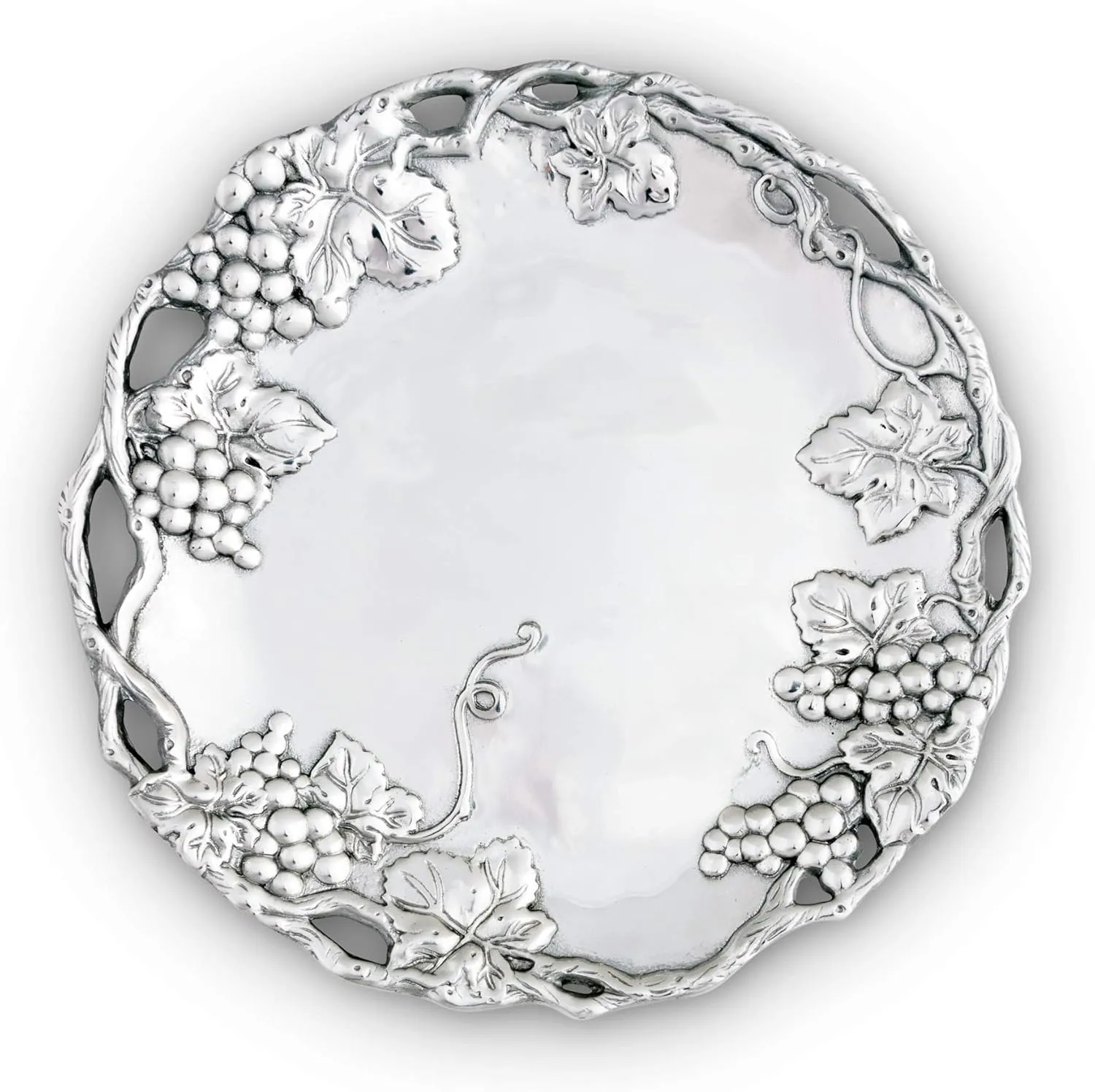 Arthur Court Aluminum Grape Design Round Tray, 15-Inch Diameter, Vineyard-Inspired with Openwork Border, Food-Safe Platter Serving Elegance