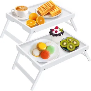 Artmeer Bed Tray Table with Folding Legs,Bamboo Breakfast in Bed for TV Table, Laptop Computer Tray,Eating,Snack Tray White 2 Pack(White)