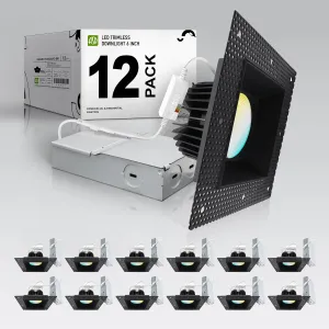 ASD Trimless LED Recessed Lighting 6 Inch, 24W 120V Square Commercial Downlight, Canless Dimmable Lights for Ceiling with J-Box, 5 CCT 2700K-5000K, CRI 90 , IC Rated, ETL, Black, 12 Pack