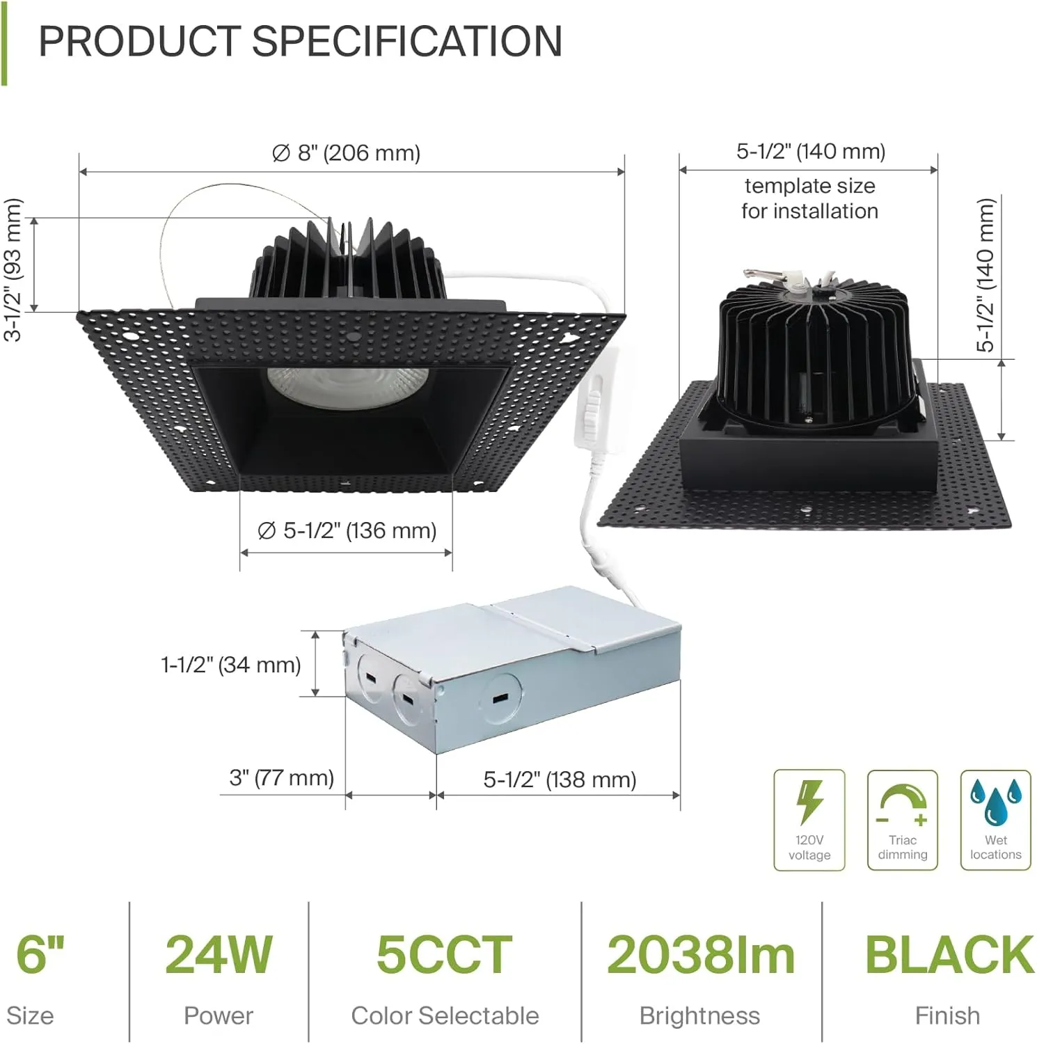 ASD Trimless LED Recessed Lighting 6 Inch, 24W 120V Square Commercial Downlight, Canless Dimmable Lights for Ceiling with J-Box, 5 CCT 2700K-5000K, CRI 90 , IC Rated, ETL, Black, 12 Pack
