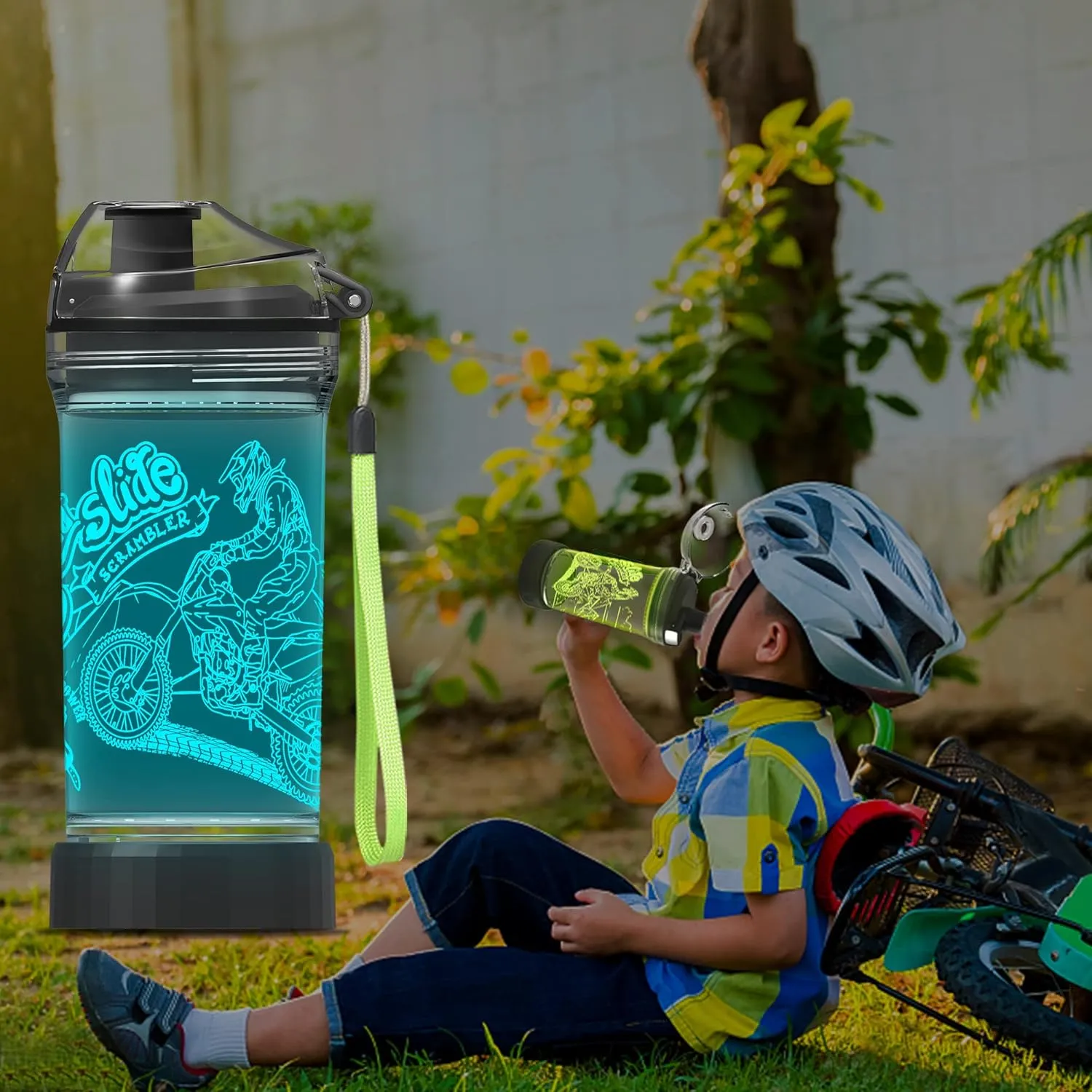 Attivolife Motorcycle Kids Watter Bottle, Light Up 3D Illusion LED Light with 7 Color Changing Light - 14 OZ BPA Free - Ideal Travel Cup Gift for School Kid Boy Child Holiday Camping Picnic