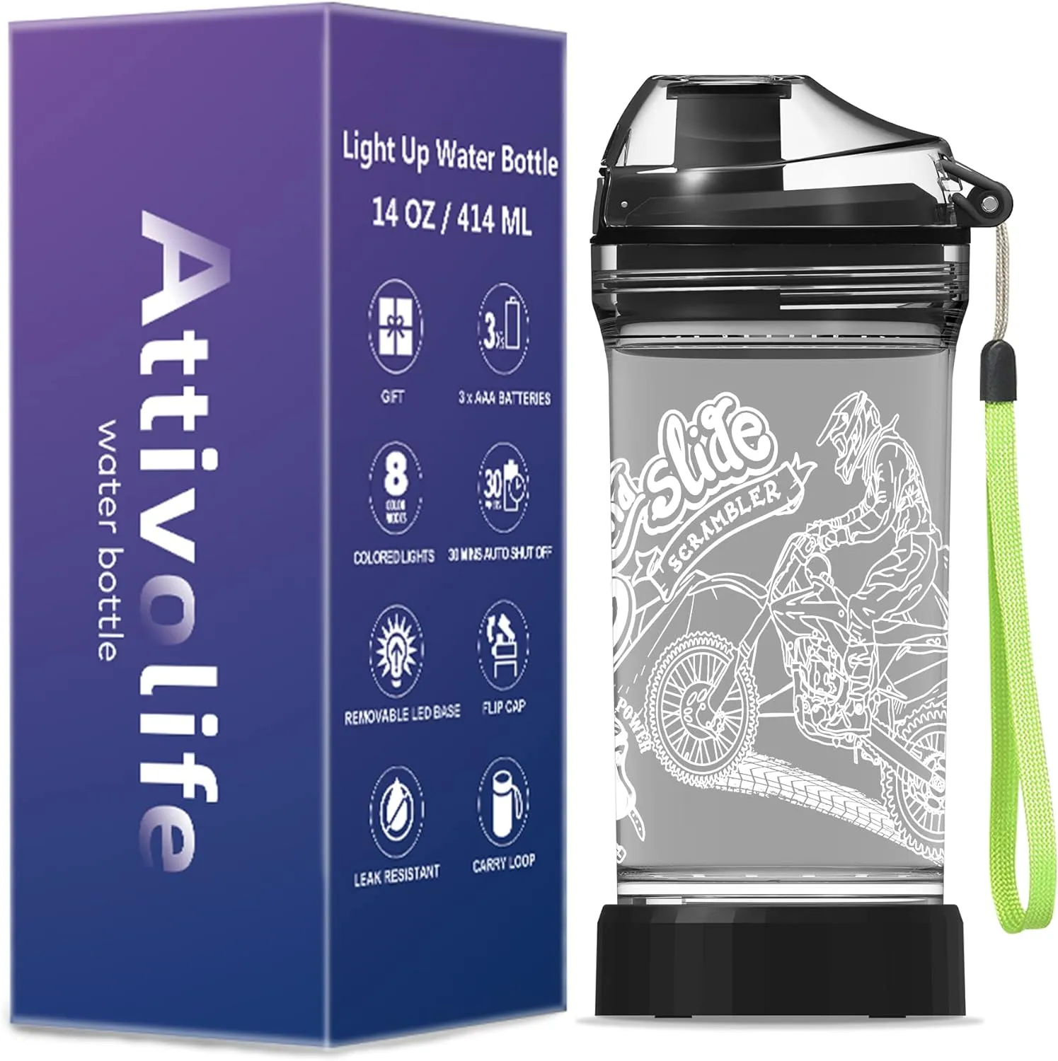Attivolife Motorcycle Kids Watter Bottle, Light Up 3D Illusion LED Light with 7 Color Changing Light - 14 OZ BPA Free - Ideal Travel Cup Gift for School Kid Boy Child Holiday Camping Picnic
