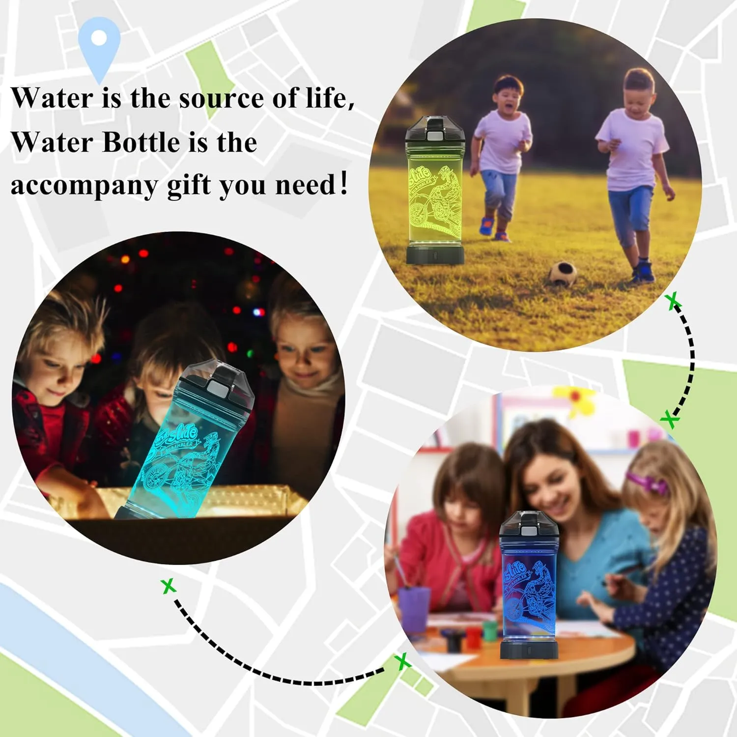 Attivolife Motorcycle Kids Watter Bottle, Light Up 3D Illusion LED Light with 7 Color Changing Light - 14 OZ BPA Free - Ideal Travel Cup Gift for School Kid Boy Child Holiday Camping Picnic
