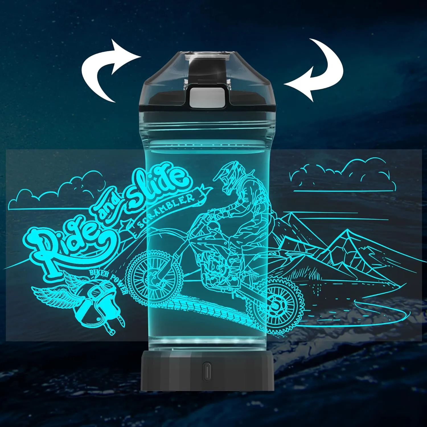 Attivolife Motorcycle Kids Watter Bottle, Light Up 3D Illusion LED Light with 7 Color Changing Light - 14 OZ BPA Free - Ideal Travel Cup Gift for School Kid Boy Child Holiday Camping Picnic