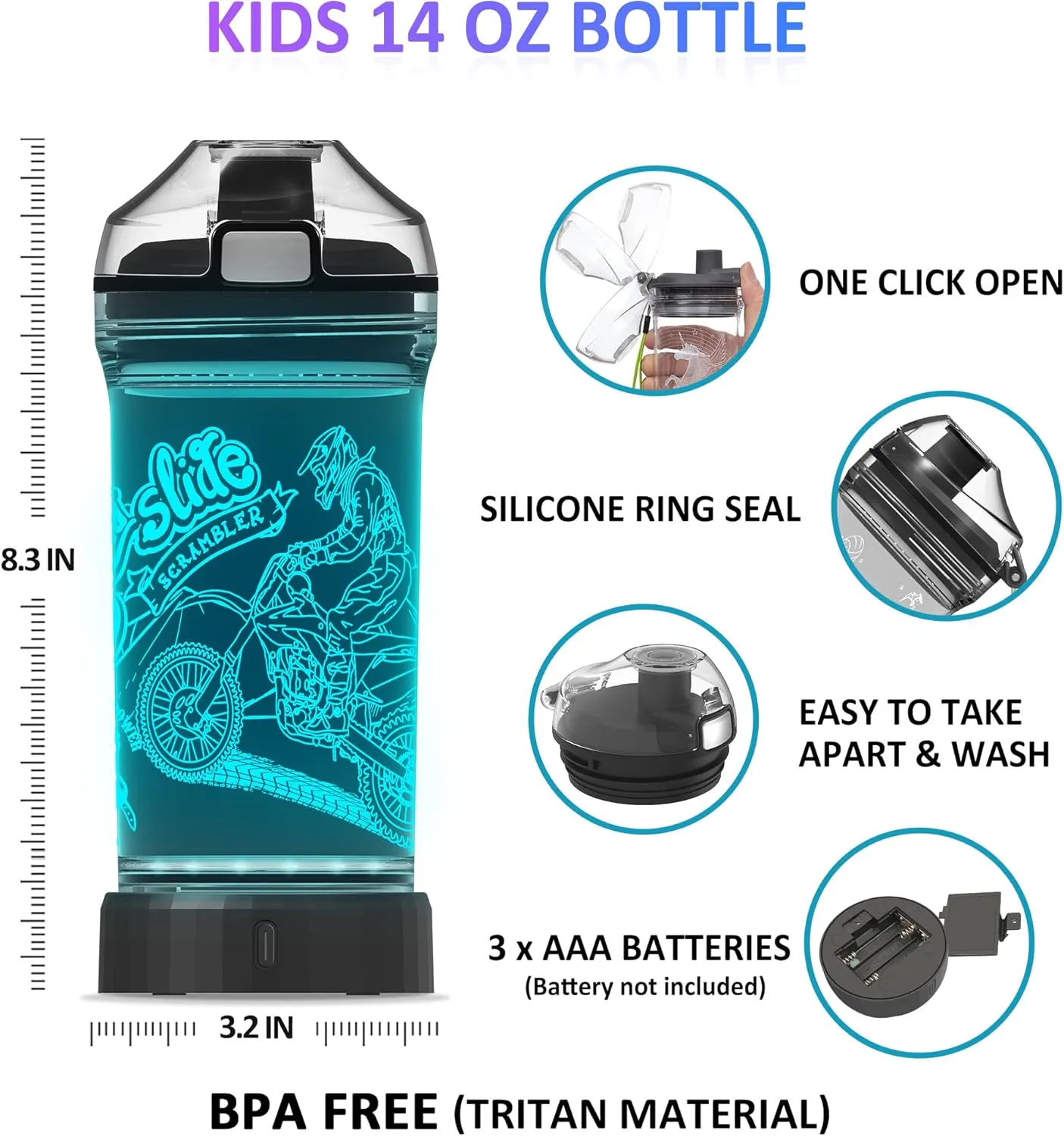 Attivolife Motorcycle Kids Watter Bottle, Light Up 3D Illusion LED Light with 7 Color Changing Light - 14 OZ BPA Free - Ideal Travel Cup Gift for School Kid Boy Child Holiday Camping Picnic