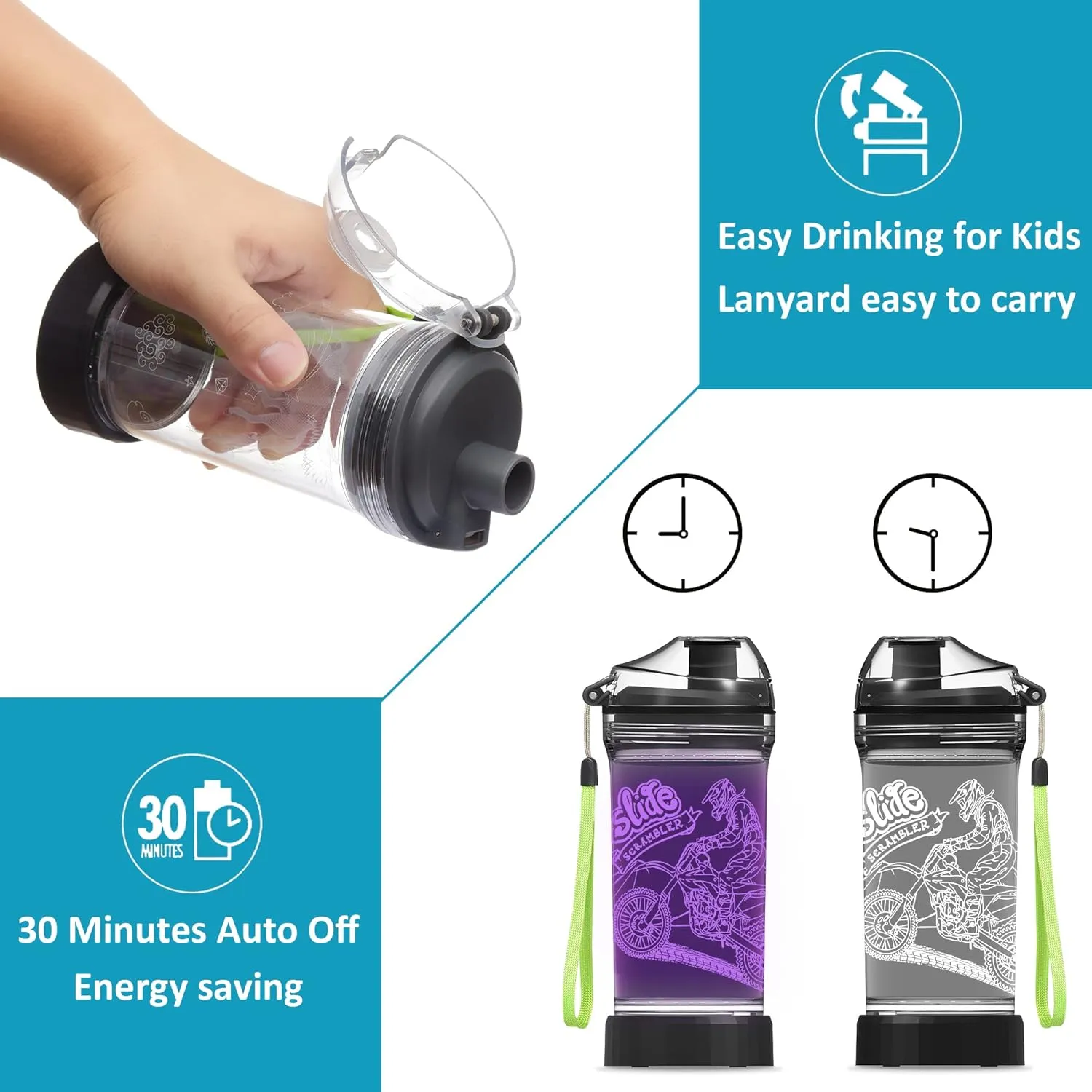 Attivolife Motorcycle Kids Watter Bottle, Light Up 3D Illusion LED Light with 7 Color Changing Light - 14 OZ BPA Free - Ideal Travel Cup Gift for School Kid Boy Child Holiday Camping Picnic