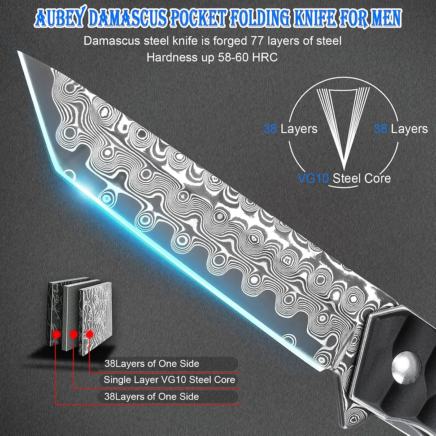 AUBEY Damascus Pocket Knife with Clip, Tanto Blade Damascus Steel Folding Knives for Men Tactical, Aluminum Handle with Glass Breaker for EDC Camping Gift