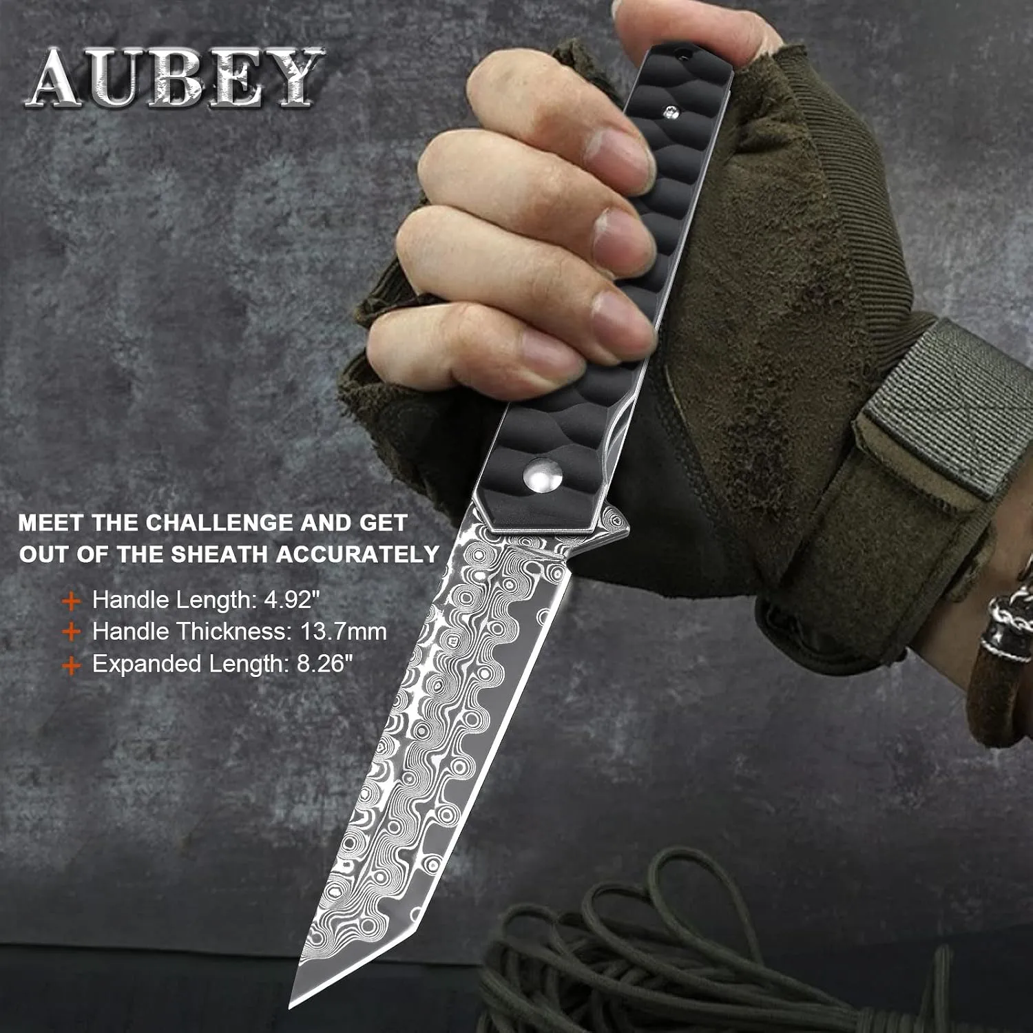 AUBEY Damascus Pocket Knife with Clip, Tanto Blade Damascus Steel Folding Knives for Men Tactical, Aluminum Handle with Glass Breaker for EDC Camping Gift