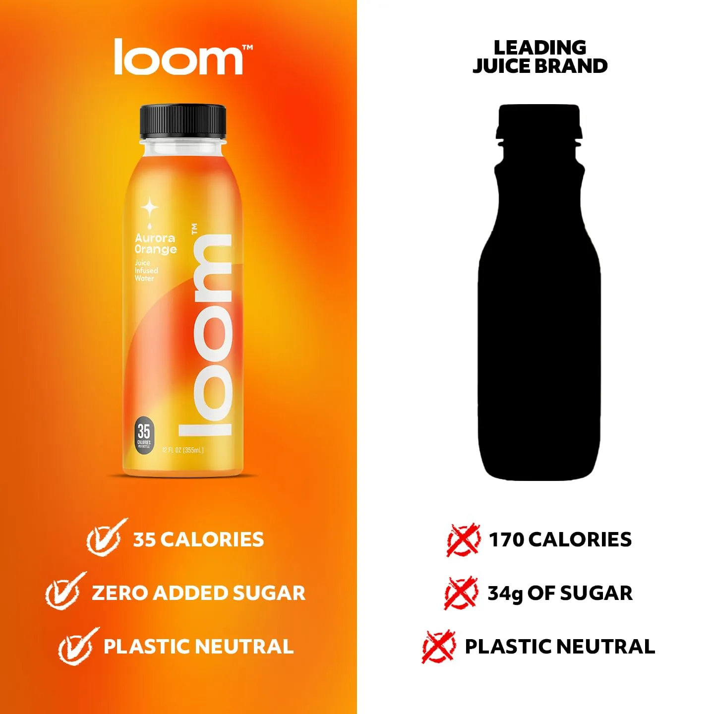 Aurora Orange Juice Drinks by Loom, Low Sugar Juice, Real Fruit, No Added Sugar, 35 Calories, Non-GMO, Vegan, Gluten Free, 12 oz bottles, 12 pack