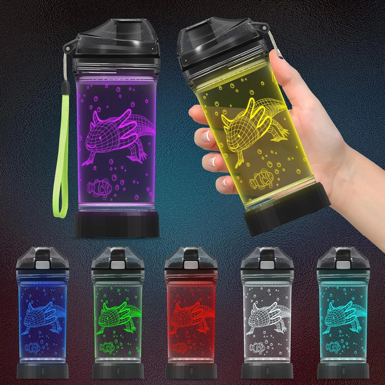 Axolotl Water Bottle, Light Up 3D Salamander Design, 14oz Tritan BPA Free - Best Gift for 4 5 6 7-Year-Old Boys Girls- Kids Drinking Cup - Christmas Holiday