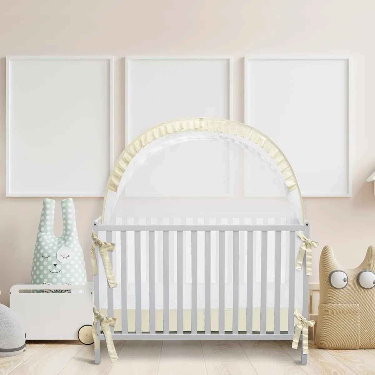 Baby Safety Crib Tent, Pop Up Canopy for Crib to Stop Baby from Climbing Out, Infant Mesh Cover Mosquito Net with Sturdy Frame & Soft Mesh, Beige, (R07-beige)