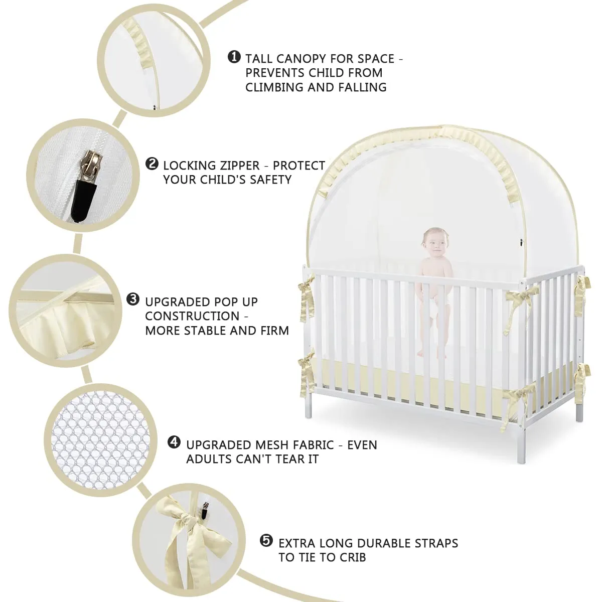 Baby Safety Crib Tent, Pop Up Canopy for Crib to Stop Baby from Climbing Out, Infant Mesh Cover Mosquito Net with Sturdy Frame & Soft Mesh, Beige, (R07-beige)
