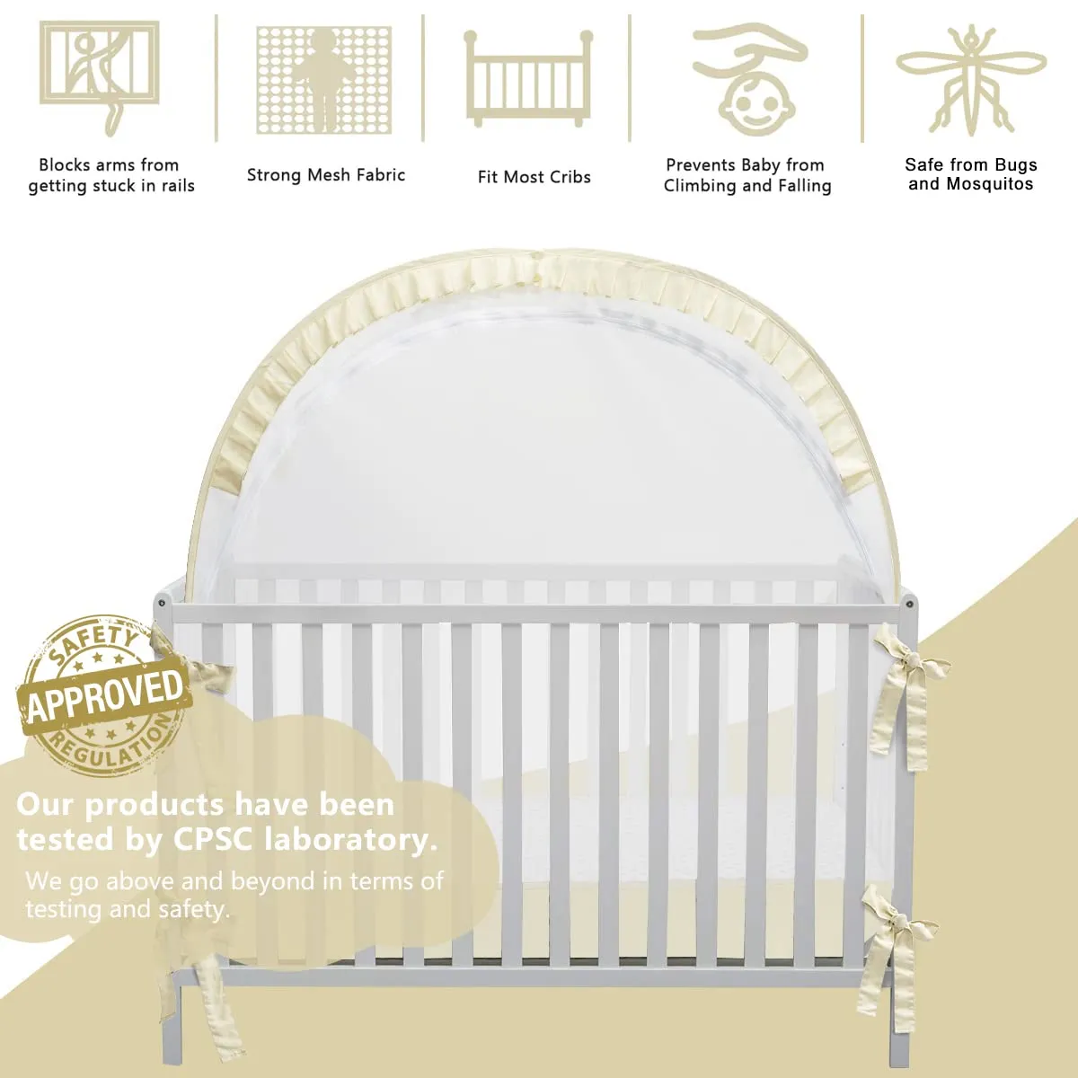 Baby Safety Crib Tent, Pop Up Canopy for Crib to Stop Baby from Climbing Out, Infant Mesh Cover Mosquito Net with Sturdy Frame & Soft Mesh, Beige, (R07-beige)