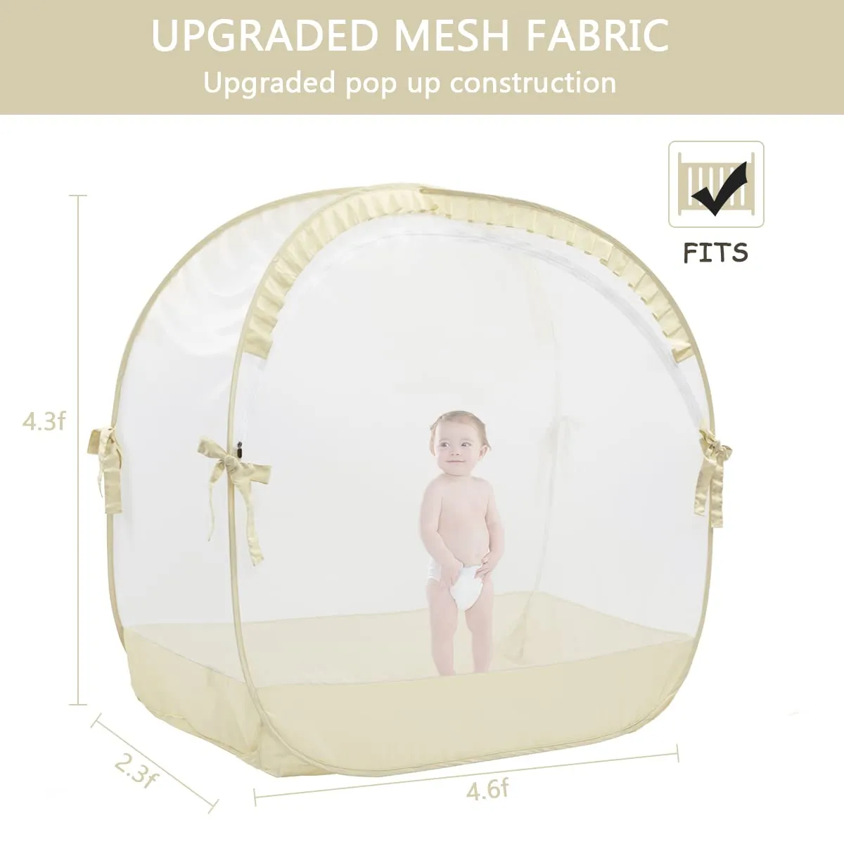 Baby Safety Crib Tent, Pop Up Canopy for Crib to Stop Baby from Climbing Out, Infant Mesh Cover Mosquito Net with Sturdy Frame & Soft Mesh, Beige, (R07-beige)