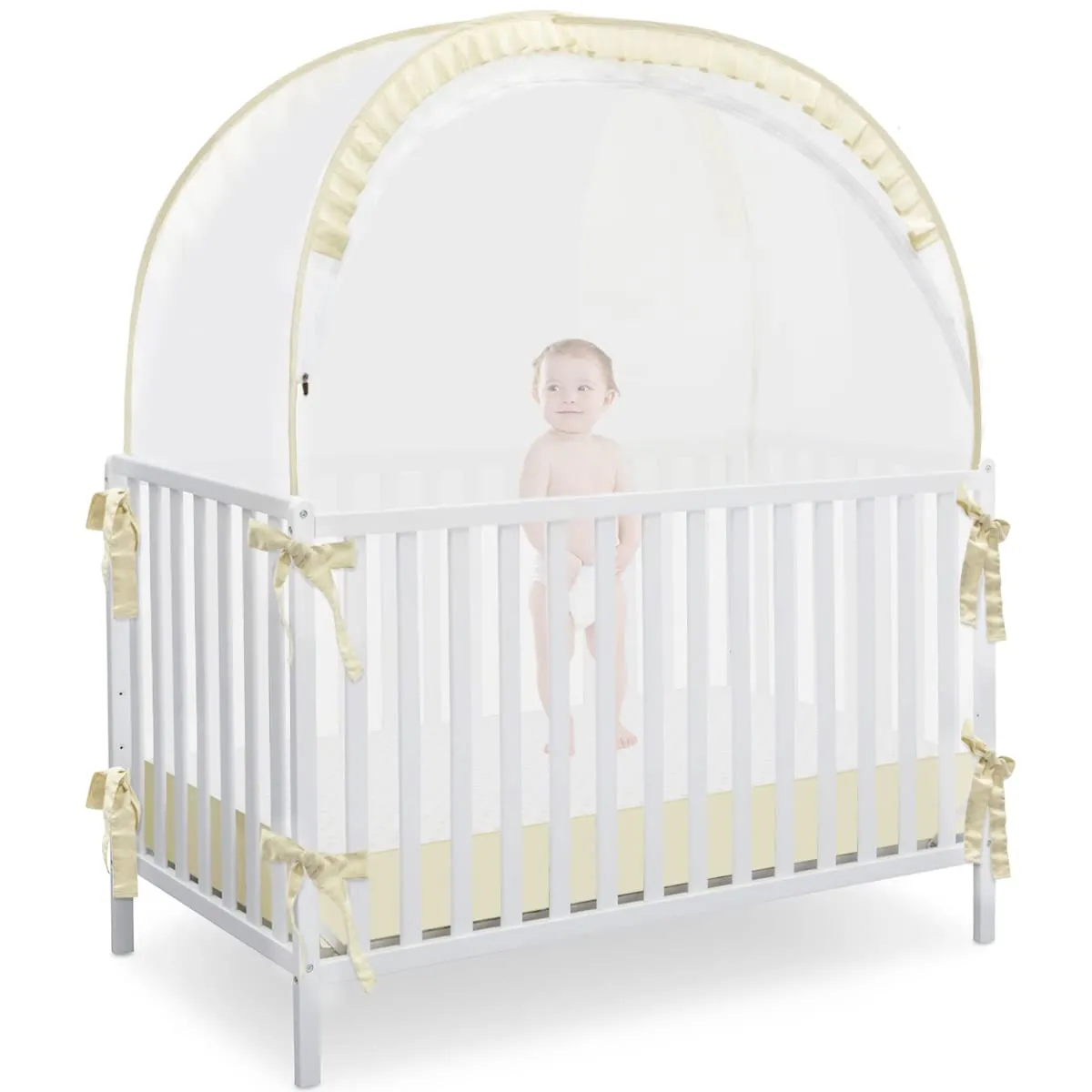 Baby Safety Crib Tent, Pop Up Canopy for Crib to Stop Baby from Climbing Out, Infant Mesh Cover Mosquito Net with Sturdy Frame & Soft Mesh, Beige, (R07-beige)