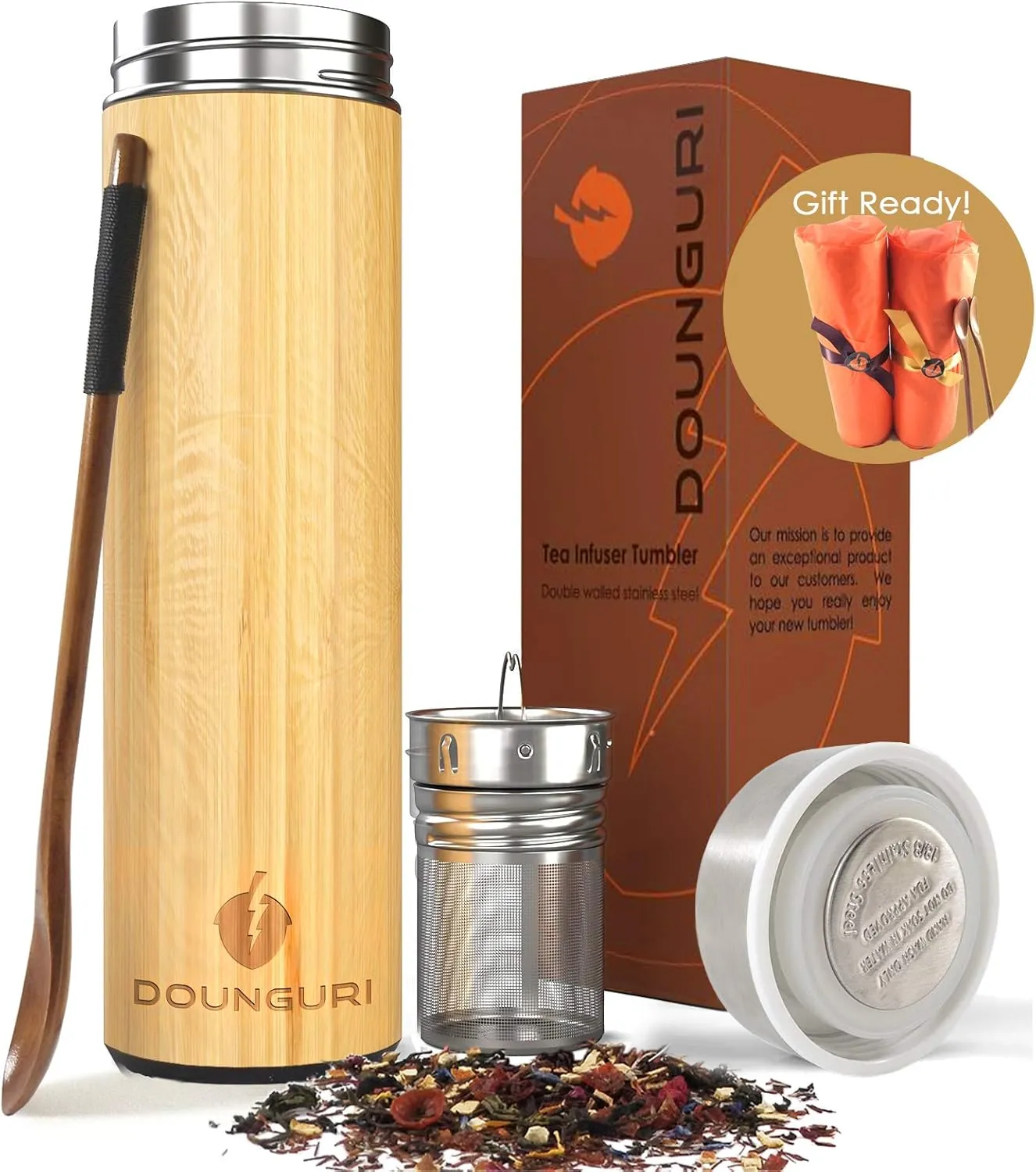 Bamboo Tea Tumbler Mug with Strainer Infuser - 14 oz Vacuum Insulated Stainless Steel Thermos with Filter for Loose Leaf/Coffee Travel Bottle/Hot and Cold Water/Leak Proof/Gift Ready