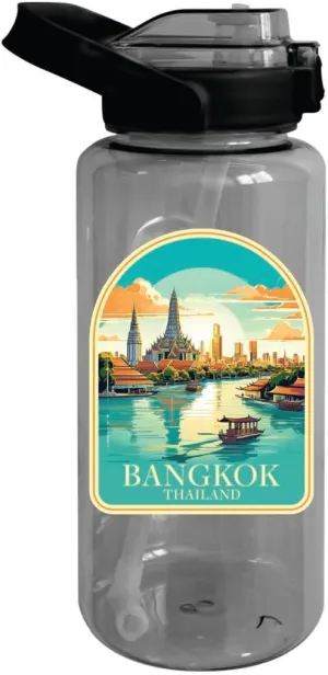 Bangkok Thailand Design A Souvenir 64 oz Large Water Bottle with Screw-on Top and Straw 2-Pack