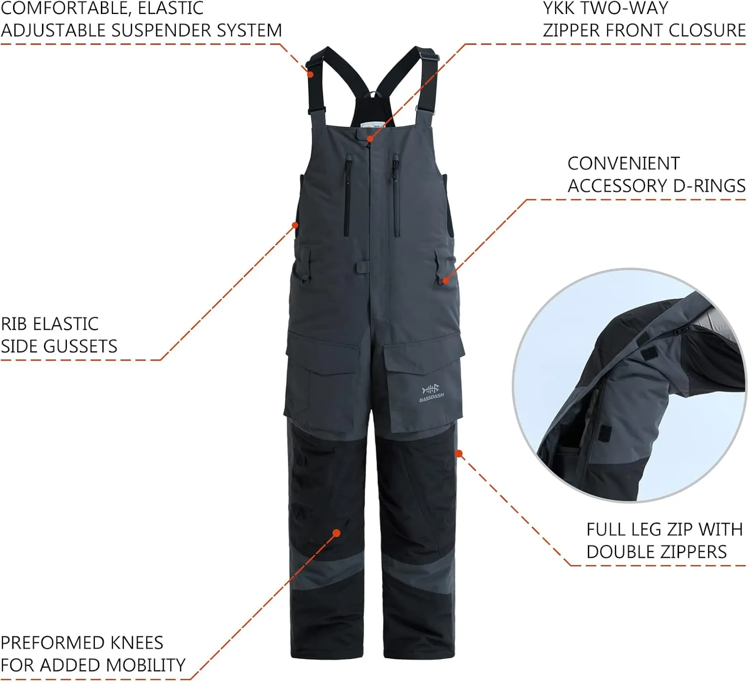 BASSDASH Splice Men’s Insulated Waterproof Fishing Hunting Bibs Ripstop Breathable Snow Pants