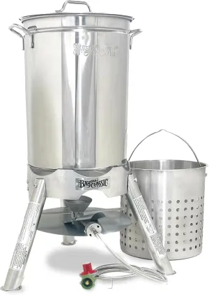 Bayou Classic Stainless Steel Boiler Cooker Kit Features 44-qt Stainless Boiler with Lid, Steam/Boil Basket, 4-in Cast Aluminum 58,000 BTU Burner, 10-psi Pre-Set Regulator and 48-in Hose