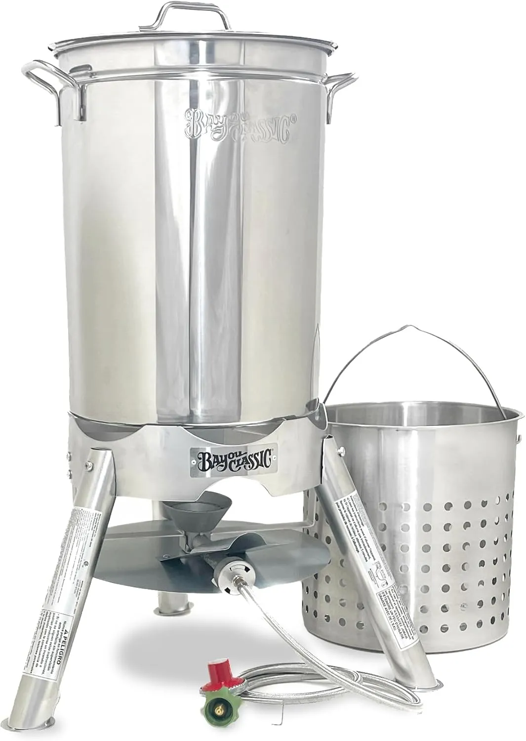 Bayou Classic Stainless Steel Boiler Cooker Kit Features 44-qt Stainless Boiler with Lid, Steam/Boil Basket, 4-in Cast Aluminum 58,000 BTU Burner, 10-psi Pre-Set Regulator and 48-in Hose