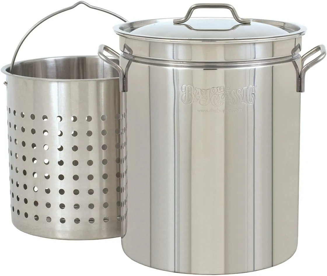 Bayou Classic Stainless Steel Boiler Cooker Kit Features 44-qt Stainless Boiler with Lid, Steam/Boil Basket, 4-in Cast Aluminum 58,000 BTU Burner, 10-psi Pre-Set Regulator and 48-in Hose