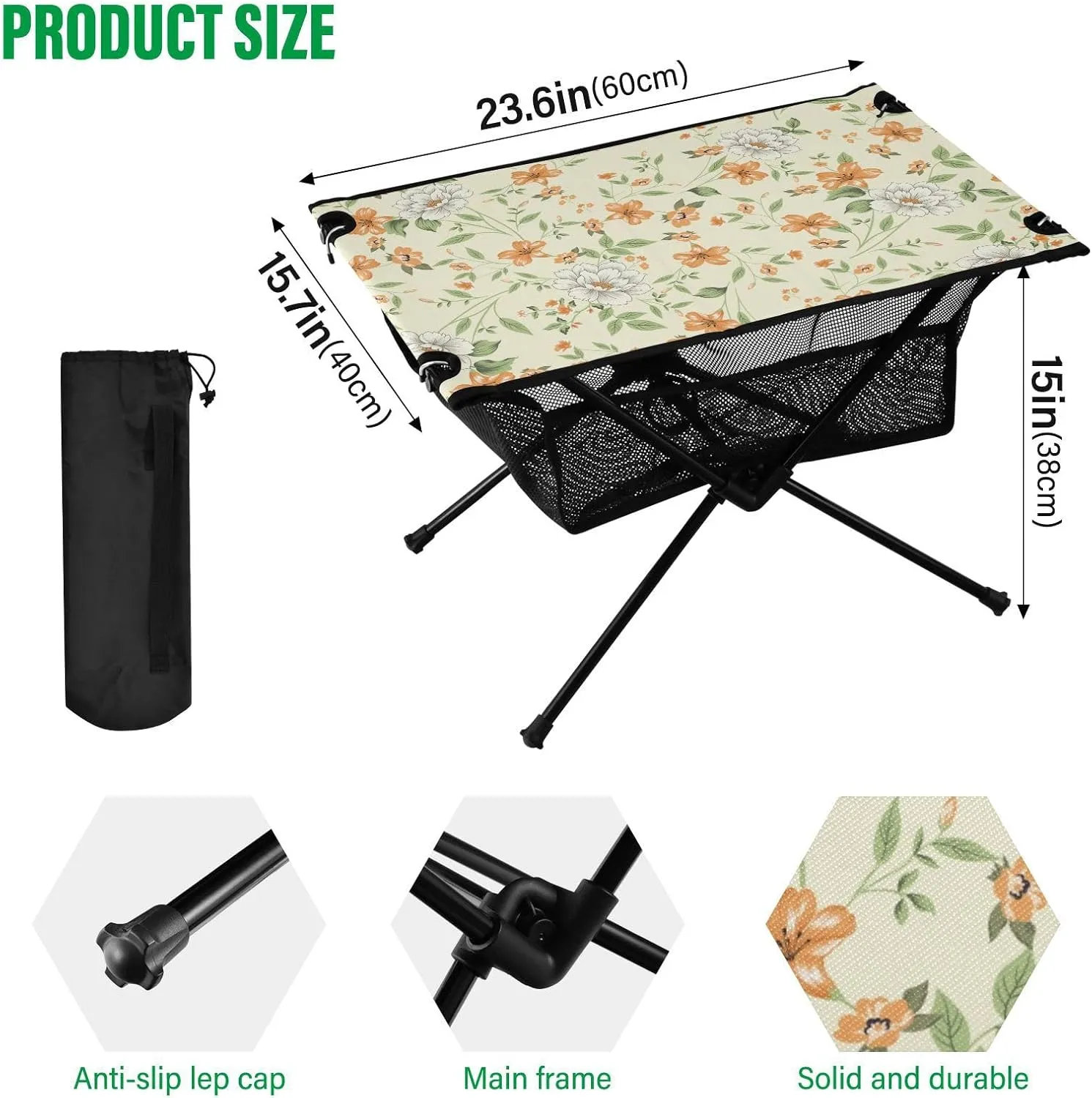 Beach Table Orange and White Flowers on Beige Background Extendable Folding Campfire Table with Storage Bag for Outdoor Dining Cooking Picnic