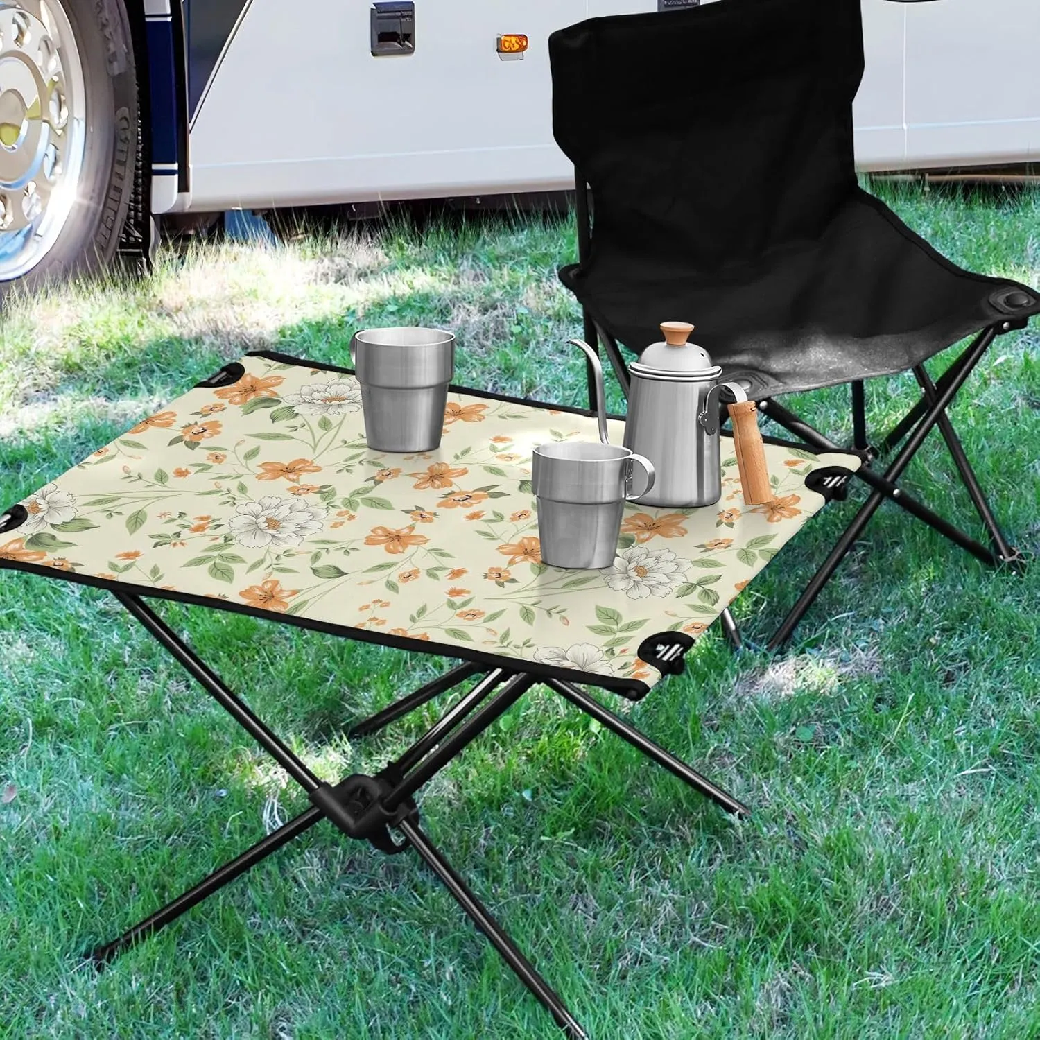 Beach Table Orange and White Flowers on Beige Background Extendable Folding Campfire Table with Storage Bag for Outdoor Dining Cooking Picnic
