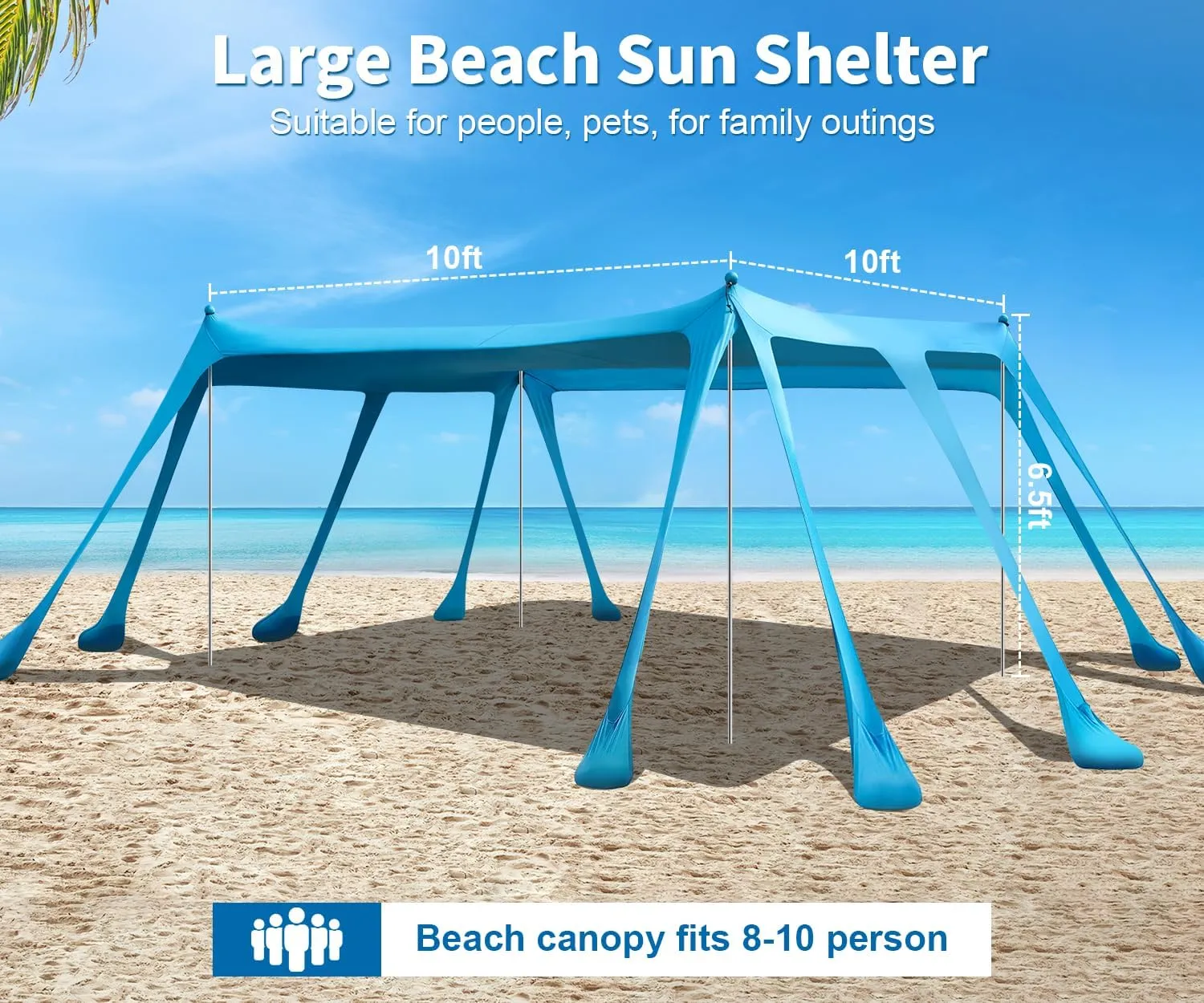 Beach Tent Sun Shelter, Outdoor Pop Up Shade Canopy UPF50  Protection with 10 Sandbags 4 Stability Poles for Camping, Fishing, Backyard Fun (10×10 FT 4 Pole)
