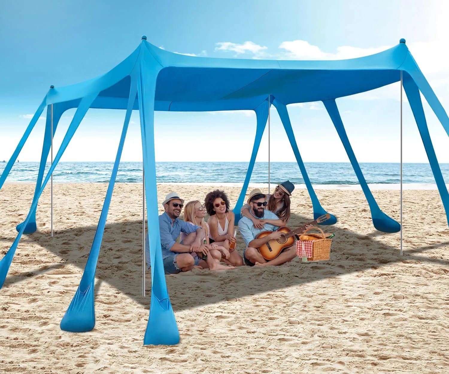 Beach Tent Sun Shelter, Outdoor Pop Up Shade Canopy UPF50  Protection with 10 Sandbags 4 Stability Poles for Camping, Fishing, Backyard Fun (10×10 FT 4 Pole)