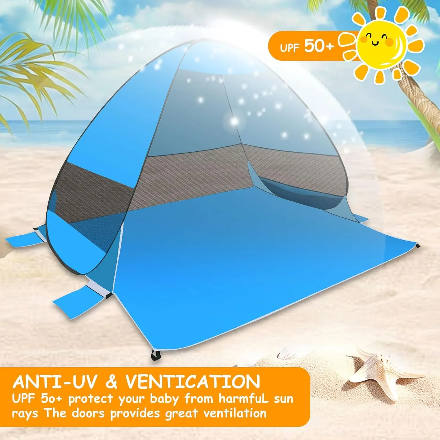 Beach Tent Sun Shelter, Outdoor Tent for 1-4 Persons, Beach Tent Easy Pop Up, with Carrying Bag and 6 Ground Pegs for Family Outdoor Adventures, Camping, Picnics (Blue)
