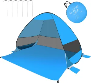 Beach Tent Sun Shelter, Outdoor Tent for 1-4 Persons, Beach Tent Easy Pop Up, with Carrying Bag and 6 Ground Pegs for Family Outdoor Adventures, Camping, Picnics (Blue)