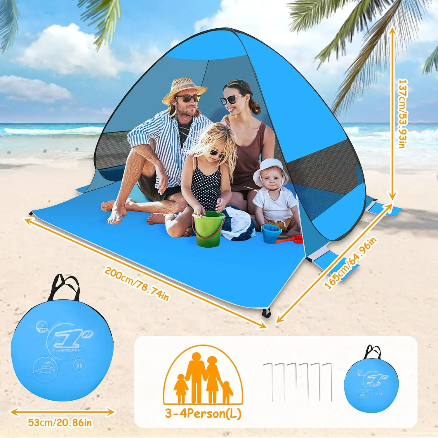 Beach Tent Sun Shelter, Outdoor Tent for 1-4 Persons, Beach Tent Easy Pop Up, with Carrying Bag and 6 Ground Pegs for Family Outdoor Adventures, Camping, Picnics (Blue)