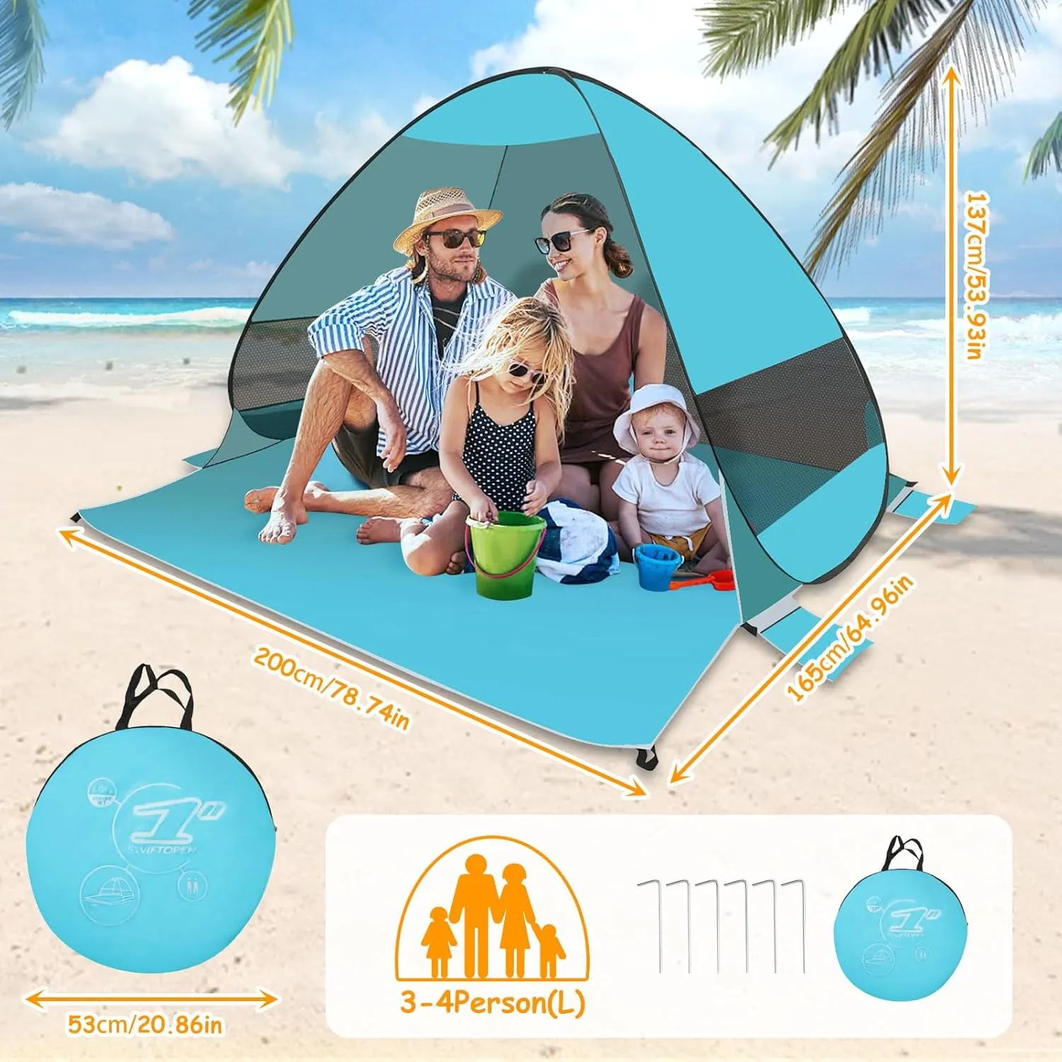 Beach Tent Sun Shelter, Outdoor Tent for 1-4 Persons, Beach Tent Easy Pop Up, with Carrying Bag and 6 Ground Pegs for Family Outdoor Adventures, Camping, Picnics (Green)
