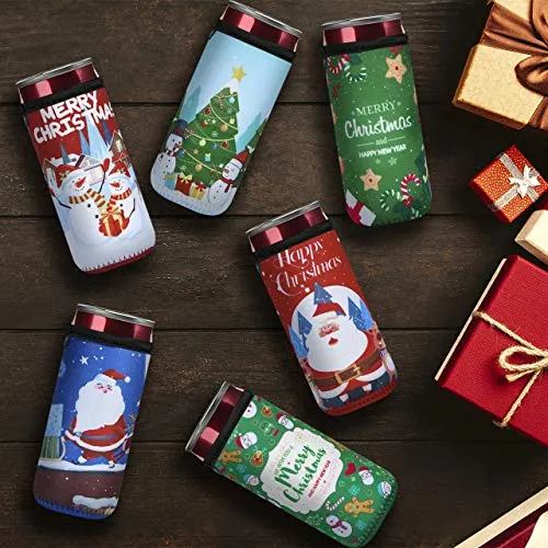 Beautyflier 12oz Slim Can Neoprene Bottle Insulator Sleeve Collapsible Drink Skinny Can Tall Can Cooler for 12 Ounce Energy Drink Beverage Beer Can (Christmas Pattern (6 Pcs))