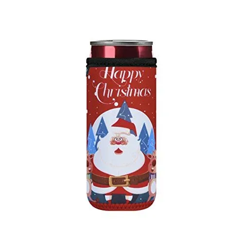 Beautyflier 12oz Slim Can Neoprene Bottle Insulator Sleeve Collapsible Drink Skinny Can Tall Can Cooler for 12 Ounce Energy Drink Beverage Beer Can (Christmas Pattern (6 Pcs))