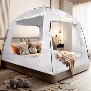 Bed Tent Bed Canopy Full Size for Kid and Adults 100% Breathable Tents 4 Doors 80% Blackout - Indoor Portable Sleeping Tents Privacy Large Space with String Light